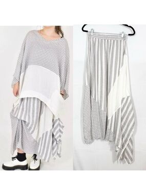 Luukaa Lagenlook Layered Asymmetrical Linen Midi Maxi Skirt Grey White Stripe
